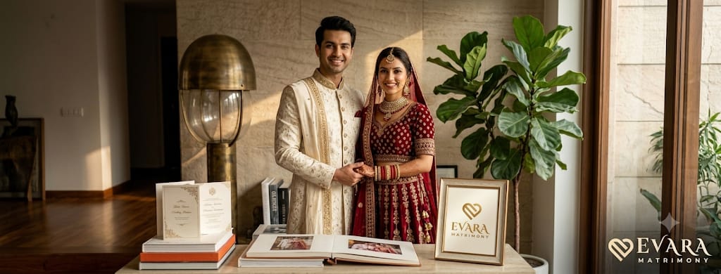 Illustration: a bride and groom in wedding clothes standing behind a table set with a photo album and printed cards.