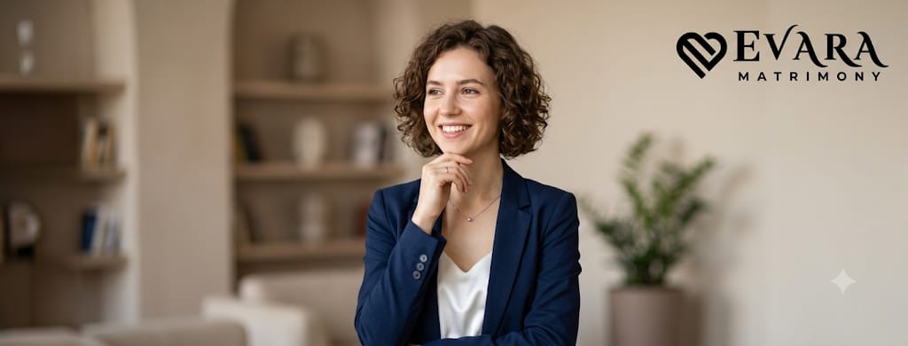Illustration: a smiling woman in a navy blazer in soft natural light, the relaxed, current look a matrimonial profile photo should have.