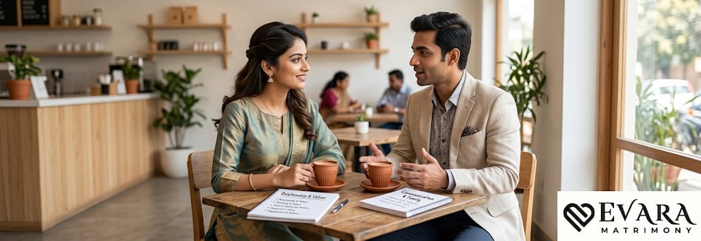 Illustration: a man and a woman talking over tea at a cafe table, each with a notebook of questions to discuss.