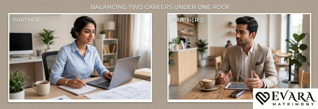 Illustration: two side-by-side panels titled 'Balancing two careers under one roof': on the left, a woman in a blue shirt taking notes at a desk with a laptop and plans; on the right, a man in a beige blazer talking at a cafe table with a coffee and a tablet.