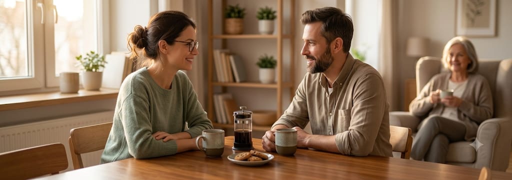 Illustration: a man and a woman talking over coffee at a kitchen table while an older woman sits in an armchair behind them.