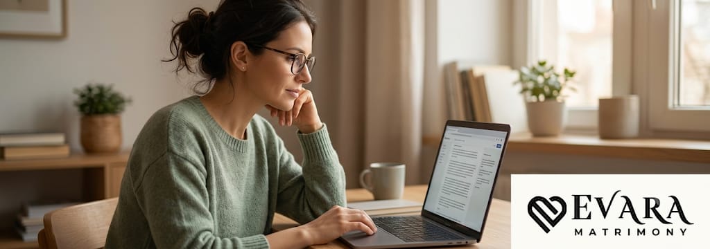 Illustration: a woman at a desk by a window, reading on her laptop as she thinks through a second marriage search.